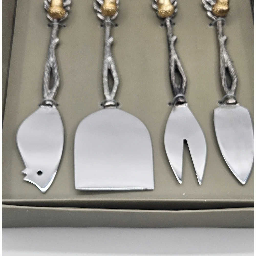 4pc Acorn Oak Leaf Cheese Knife Set Silver Gold Twig Handle Nature Theme NEW